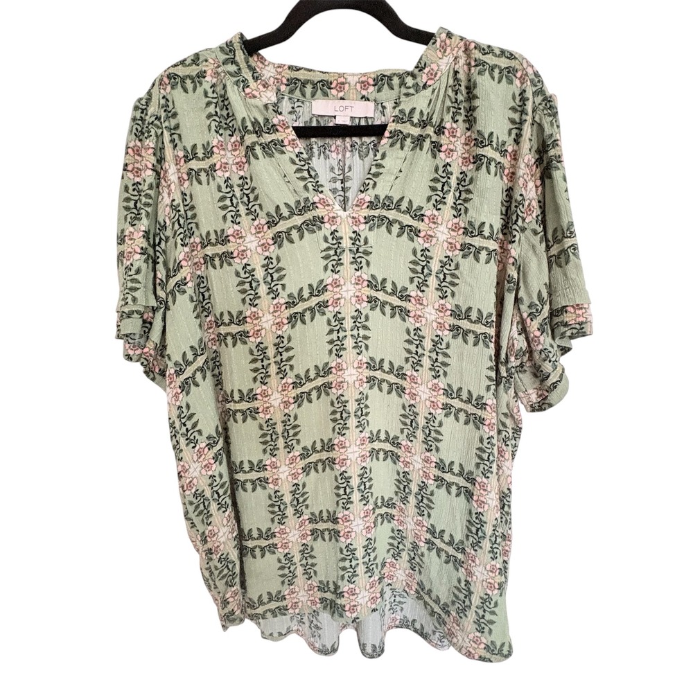 LOFT Blouse Womens Large Green Pink Floral Trellis Split Neck Short Sleeve